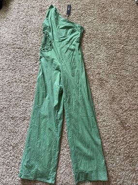Fashion Nova Green One-Shoulder Wide-Leg Jumpsuit